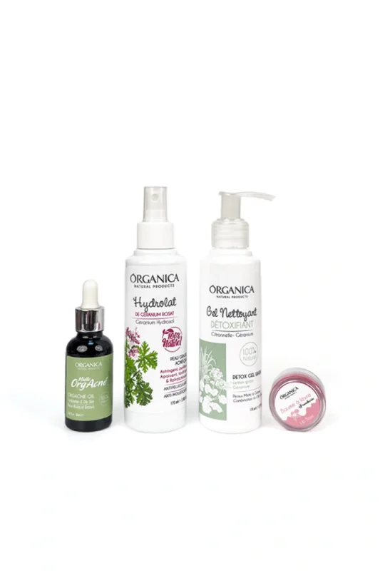 pack peau grasse gel détoxifiant sérum orgacné hydrolat géranium